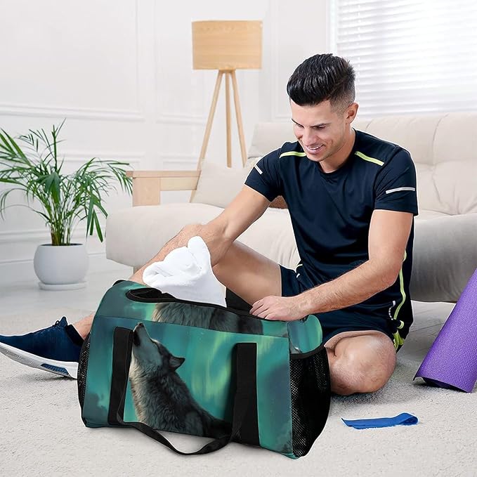 Wolf Howling Moon Northern Lights Duffle Bag Gym Bag for Workout Travel Tote with Detachable Straps