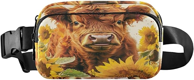 Highland Cow Sunflowers Fanny Pack for Women Men Water Resistant Fashion Waist Packs with Adjustable Strap Belt Bag for Travel Workout Jogging Hiking 21220111
