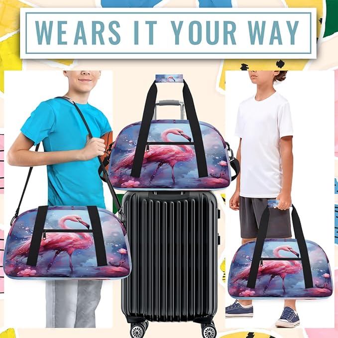 Gym Bag for Women Men, Pink Flamingo In Water Travel Duffle Bags for Dance Ballet Overnight, Carry-On Weekender Bag with Detachable Shoulder Strap
