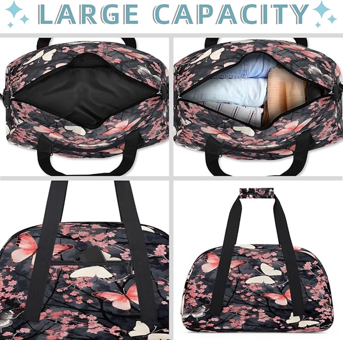 Pink Butterfly Flower Sports Duffel Bags, Water-Resistant Gym Duffle Bag for Men Women, Lightweight Weekender Overnight Bag for Fitness, Workout, Travel