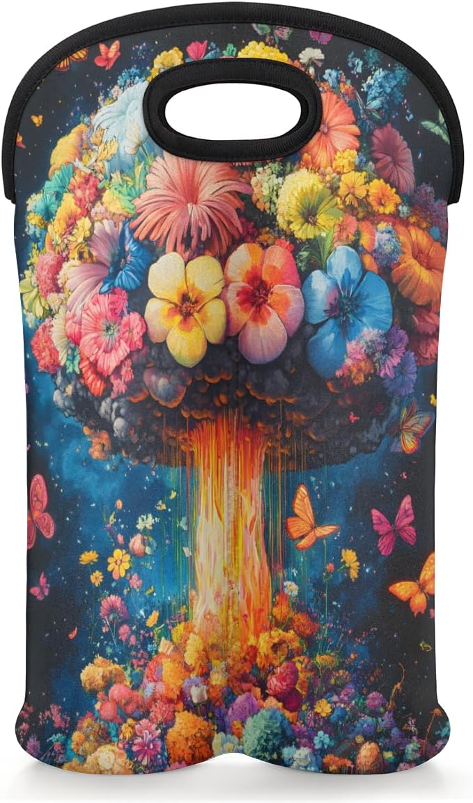 Neoprene Wine Tote, Bottle Carrier Gag Insulating Neoprene Thicker, Insulated Wine Bag for Travel Holds Two Bottles, Bottle Carrier Bags Protect the Bottles, Mushroom Flower