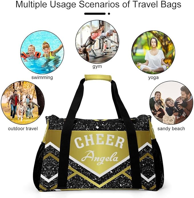 Travel Bag Golden Cheer Cheerleader Bling Print Customized Duffel Bags Weekender Overnight Bag Personalized Gift Adjustable Detachable Shoulder Strap Packs