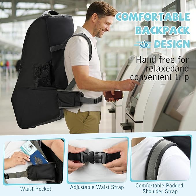 RAINSMORE Car Seat Travel Bag for Airplane Padded Carseat Backpack Heavy-duty Car Seat Cover for Air Travel Infant Car Seat Carrier Bag with Shoulder & Waist Strap, Fits Most Car Seat & Booster Seats