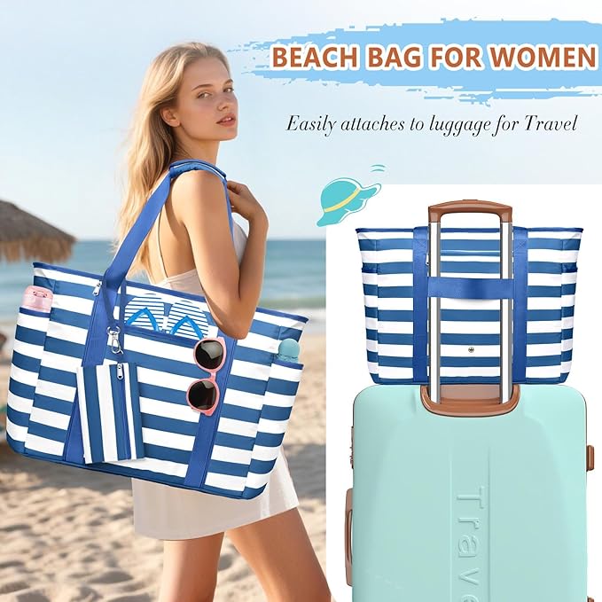 Extra Large Beach Bags for Women, Waterproof Sandproof Beach Tote Bag Foldable Swim Pool Bag with Zipper and Wet Pocket