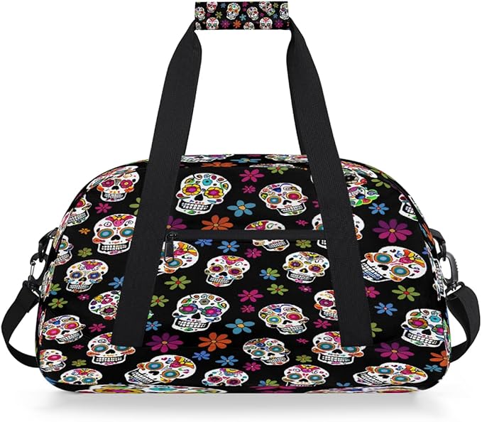 Travel Duffle Bag, Colorful Sugar Skull Pattern Waterproof Weekender Overnight Bags for Women Men Lightweight Carry on Duffle Gym Bag for Travel, Sports, Fitness, Workout