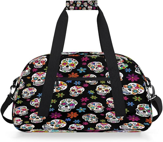 Travel Duffle Bag, Colorful Sugar Skull Pattern Waterproof Weekender Overnight Bags for Women Men Lightweight Carry on Duffle Gym Bag for Travel, Sports, Fitness, Workout