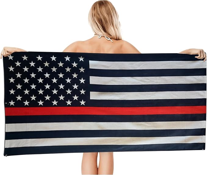 Fallen First Responder Beach Towel 30”x60” – 100% Cotton Velour, Absorbent, Quick-Dry, Easy Pack for Travel, Beach, Pool, or Sunbathing – Lightweight, Compact Thin Blue, Red & Green Line Tribute