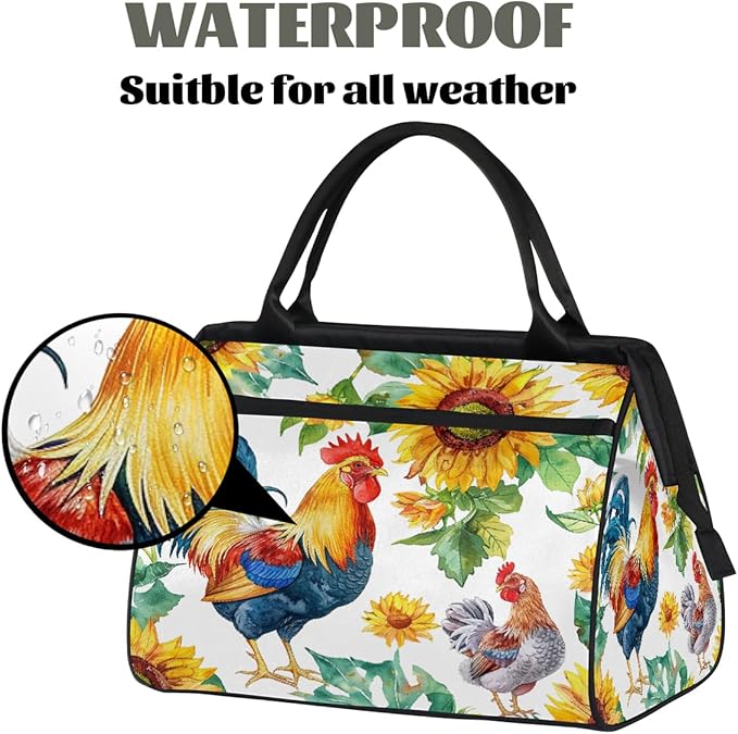 Multipurpose Duffle Bag, Waterproof Carry On Bag with Spacious Design, Watercolor Rooster Sunflower Gym Bags, 15.2x8.3x11.6in
