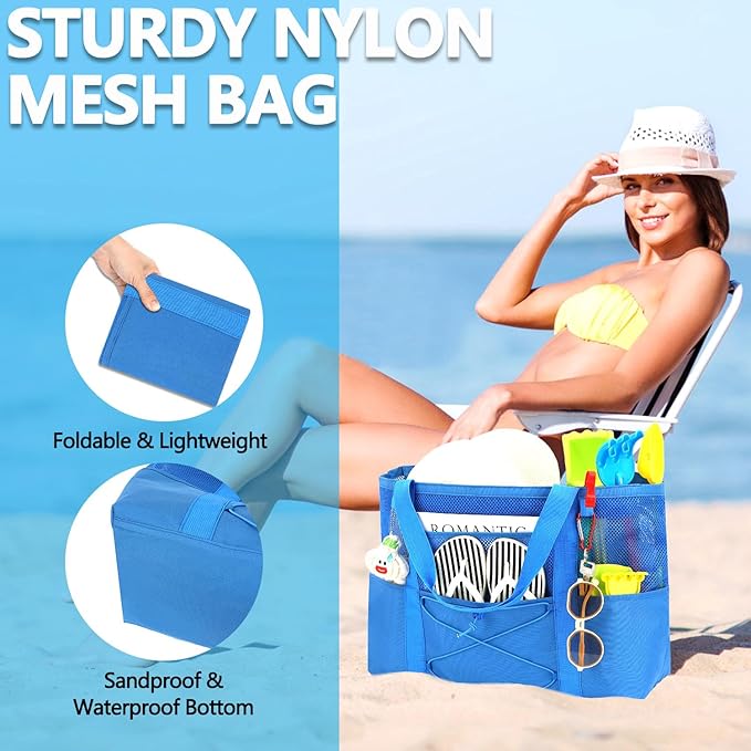 Mesh Beach Bag, Large Beach Tote with Zipper Pocket, Toys Pool Bag for Family Travel Vacation Cruise Essentials