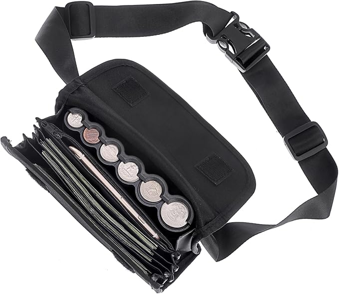 BSTKEY US Coin Holder Coin Dispenser, Fanny Pack with Banknote Waiters Purse Coin Sorter Coin Organizer, Black Coin Storage Bag with Belt for Waitress Server Collector Cashier Change