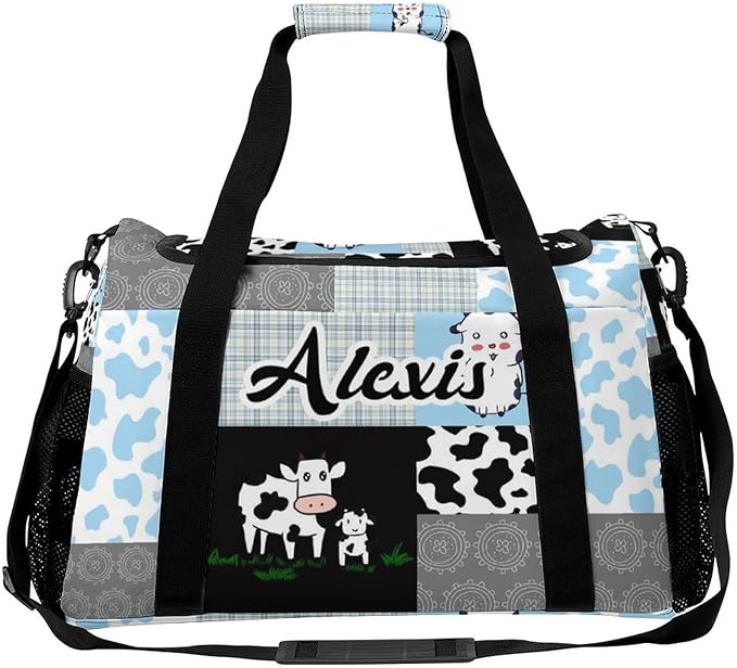 Plaid Patchwork Cow Blue Gray Crossbody Bag Waterproof Lightweight Duffel Bag Gym Dance Sport Perform Training Bag for Teens Women Men