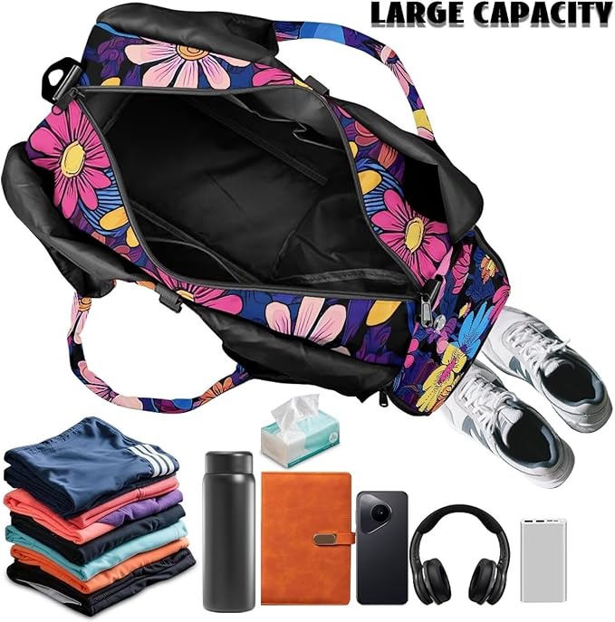 Womens Duffle Bag with Shoes Compartment, Mushroom Workout Bag with Yoga Mat Holder, Wet Pocket, Carrying Function Gym Bags for Yoga Pilates Swimming