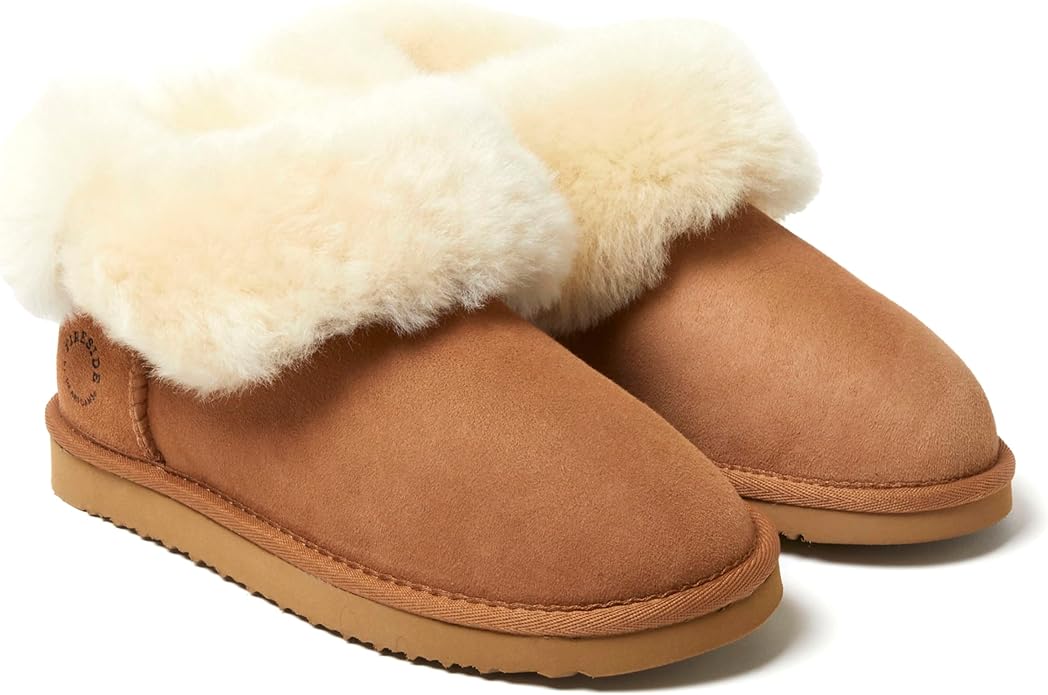 Dearfoams Women's Fireside Shearling Water Resistant Indoor/Outdoor Foldover Boot Slipper