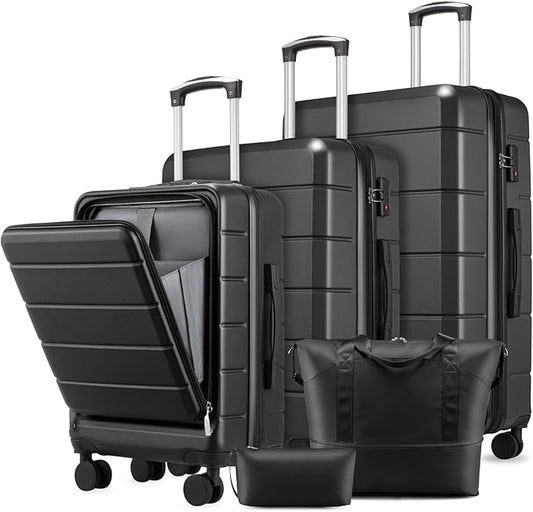 5 Piece Luggage Set Hardside Expandable Suitcase with TSA Lock Spinner Wheels Lightweight Travel Set Includes Tote and Toiletry Bag, (5 Piece Sets, Black)