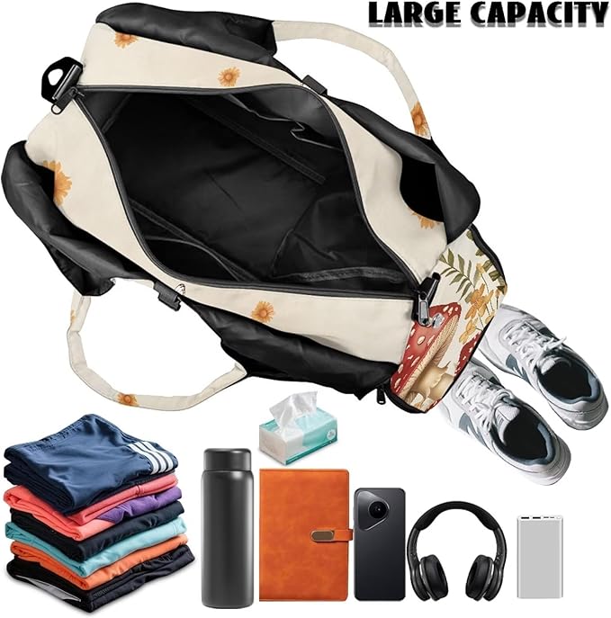 Gym Bag with Yoga Mat Holder, Shoe Compartments, Mushroom Womens Gym Bag Double Zipper Lightweight Breathable Carry On Bag for Travel Work Gym