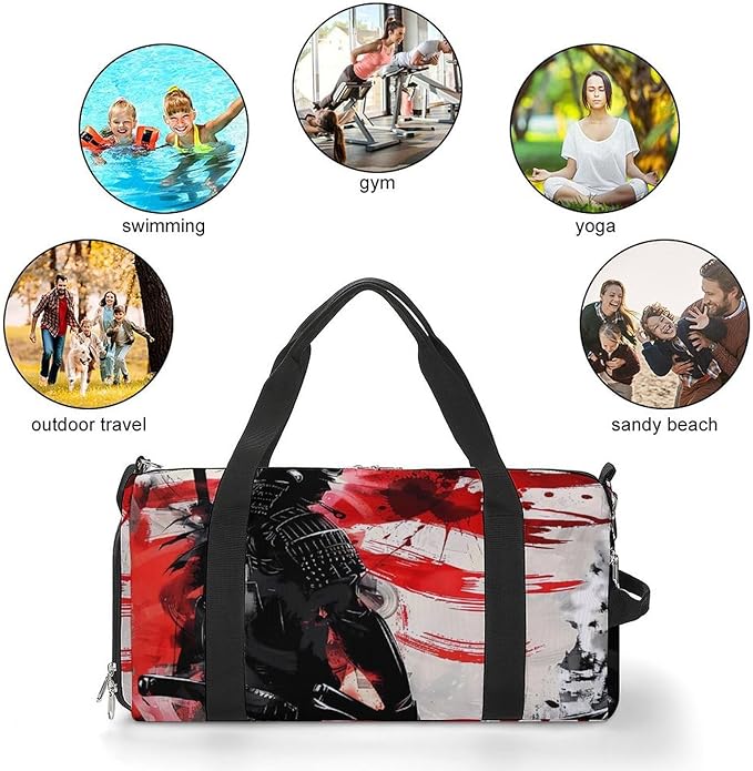 Japan Samurai Sport Gym Bag for Men Women Japanese Flag Travel Duffel Bag with Wet Pocket Shoes Compartment Carry on Pack for Workout Overnight Weekend Trip
