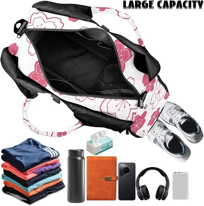 Pink Floral Workout Bag for Women with Yoga Mat Holder and Shoe Compartment Flower Gym Bag Water Resistant Gym Duffel for Swimming, Stylish Fitness Duffel Bag