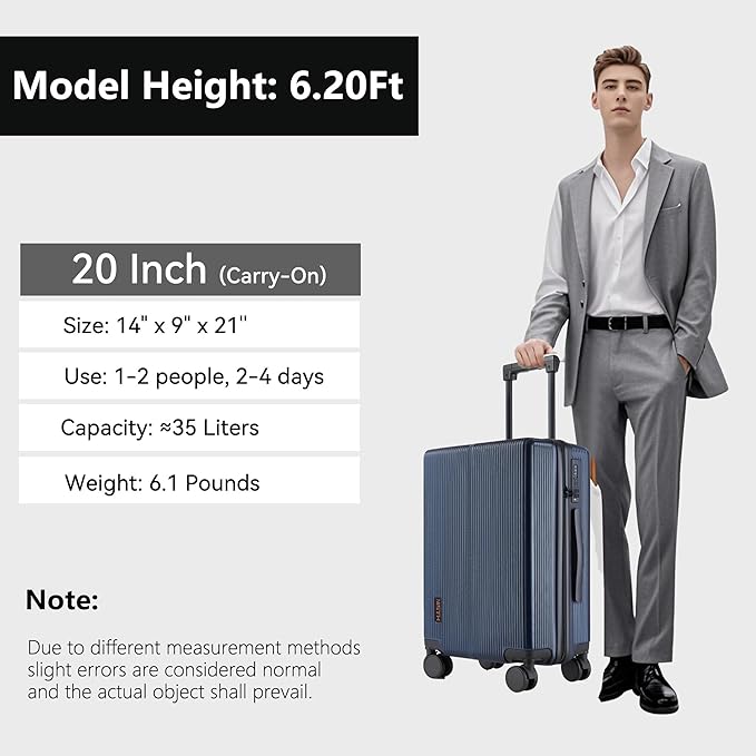 Carry On Luggage with TSA Lock, Carry on Suitcase 22x14x9 Airline Approved, Carry-on luggage with 360° Spinner Wheels, Hardside 20 Inch Lightweight Hard Shell Suitcase (Blue, 20-Inch)