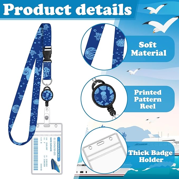 4 Pack Cruise Lanyard for Ship Cards Lanyards with Retractable Badge Reels and Waterproof ID Badge Holder, Ocean Creature 2026 Cruise Essentials Accessories