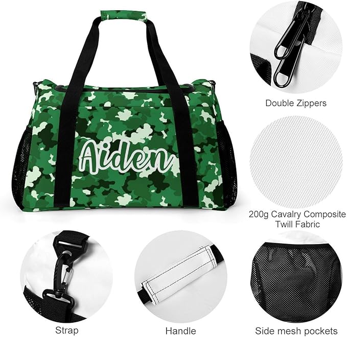 Camouflage Camo Green Pattern Duffle Bag for Men Women, Personalized Custom Name Text Crossbody Bags, Travel Sport Gym Perform Training Gym Bag
