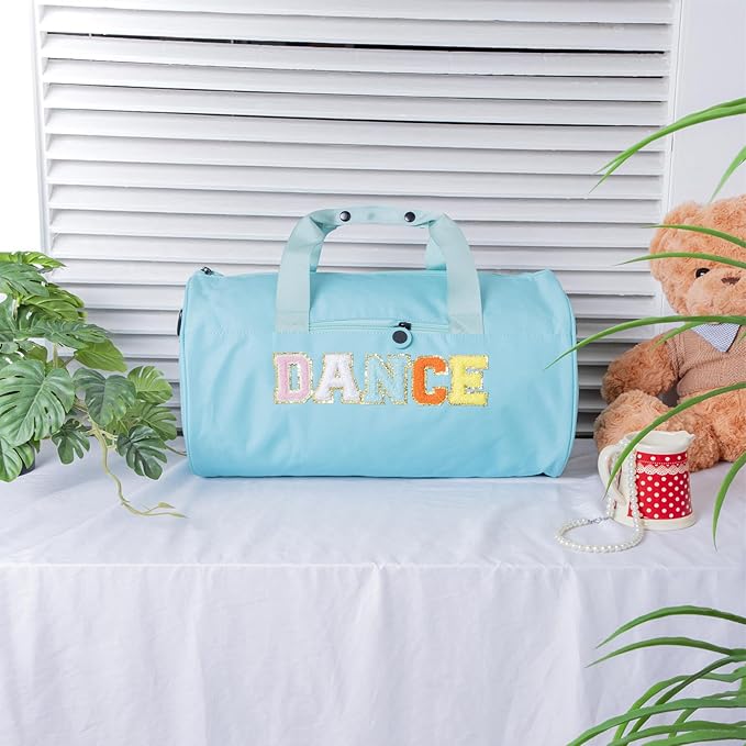 Dance Duffle Bag for Girls Large Size, Lightweight Gymnastic Sports Bag with Chenille Letters, 16.5x9x9 Inch, for Ballet, Cheer, Athletes, Ages 4-10 (Blue)