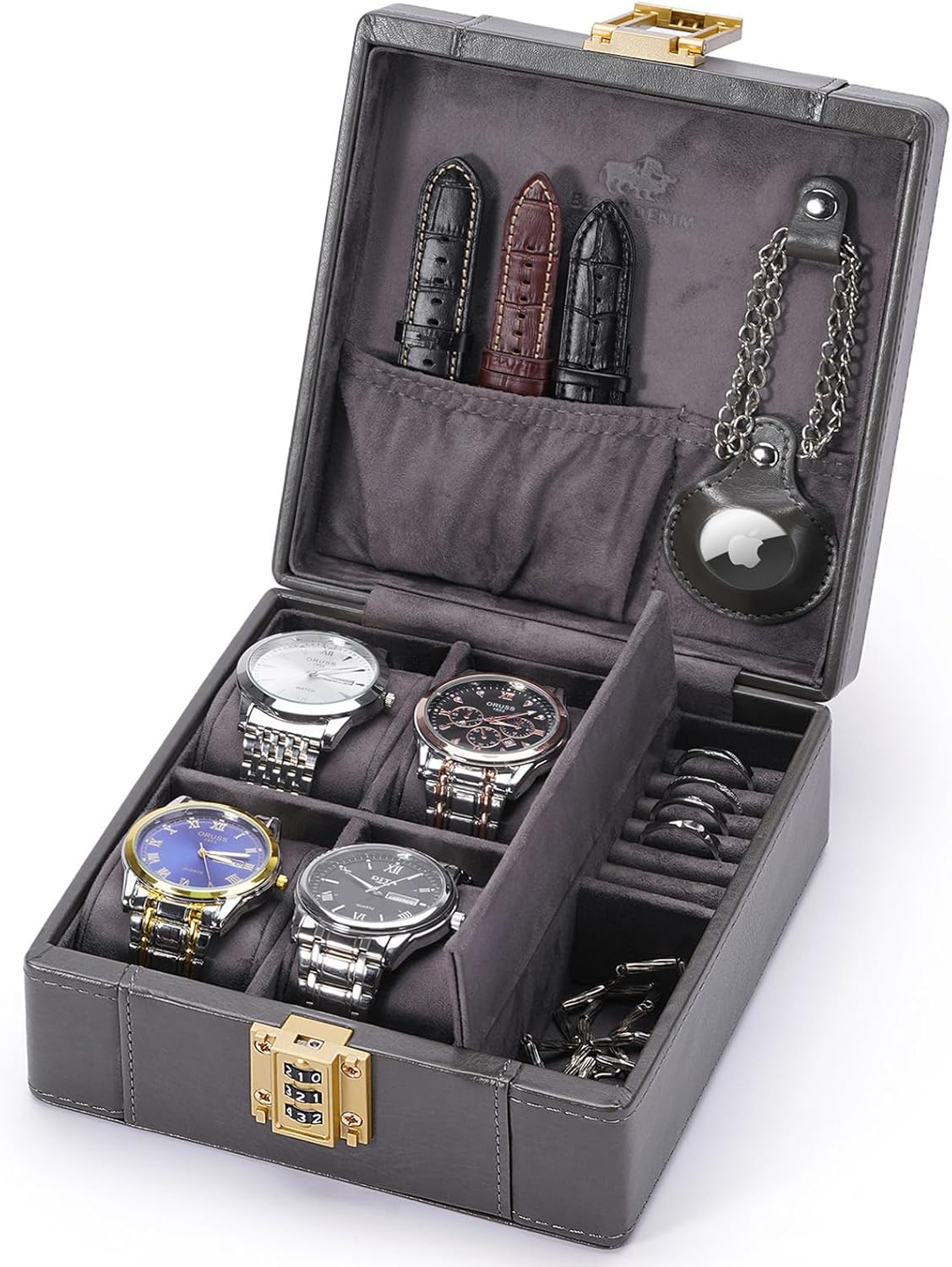 BISON DENIM Watch Box, 4 Watch Travel Case with Combination Lock - PU Leather Men's Watch Storage Box & Jewelry Organizer with Ring Slots & Necklace Hooks, Secure Travel Case, Grey