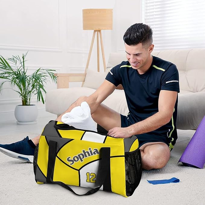 Custom Volleyball Yellow Duffel Bag with Name Personalized Travel Bags Sport Gym Bag Carry On Weekender Bags for Men Women