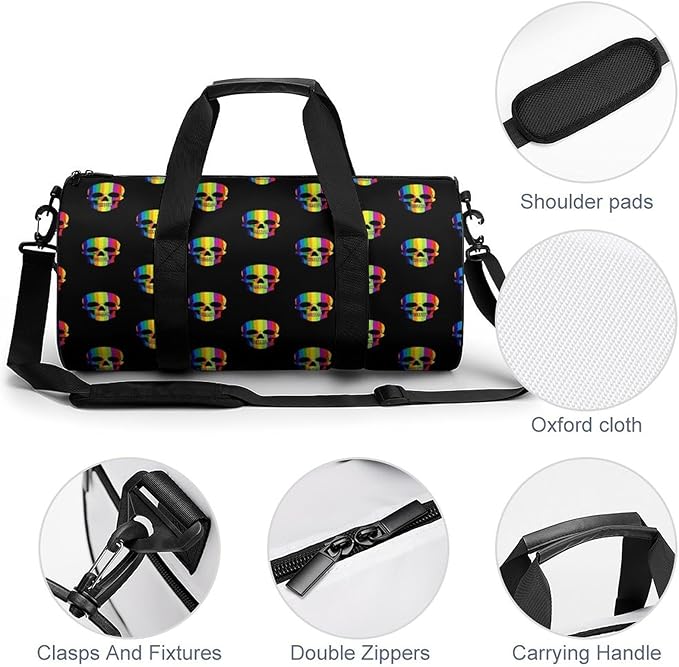 Dance Sports Gymnastics Bag Rainbow Skulls Foldable Gym Bags Lightweight Travel Sports Bag Unisex Gym Duffel Bags
