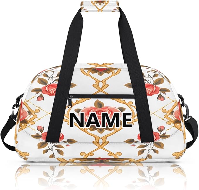 Vintage Floral Mini Gym Bag 18 inch for Women Men Waterproof Custom Pink Rose Travel Duffel Bag Carry On Overnight Tote Nurse Bag for Work Fitness Hiking