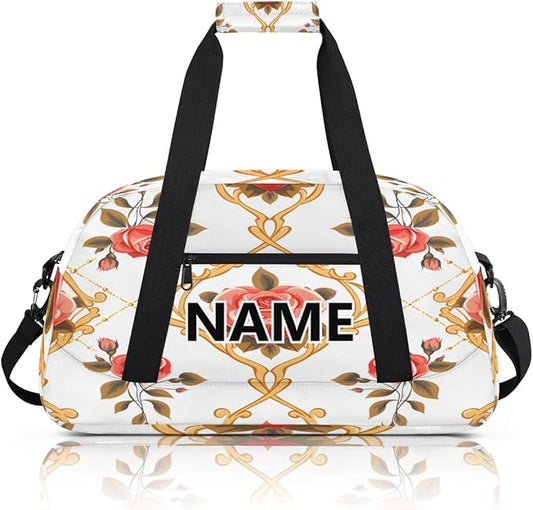 Vintage Floral Mini Gym Bag 18 inch for Women Men Waterproof Custom Pink Rose Travel Duffel Bag Carry On Overnight Tote Nurse Bag for Work Fitness Hiking