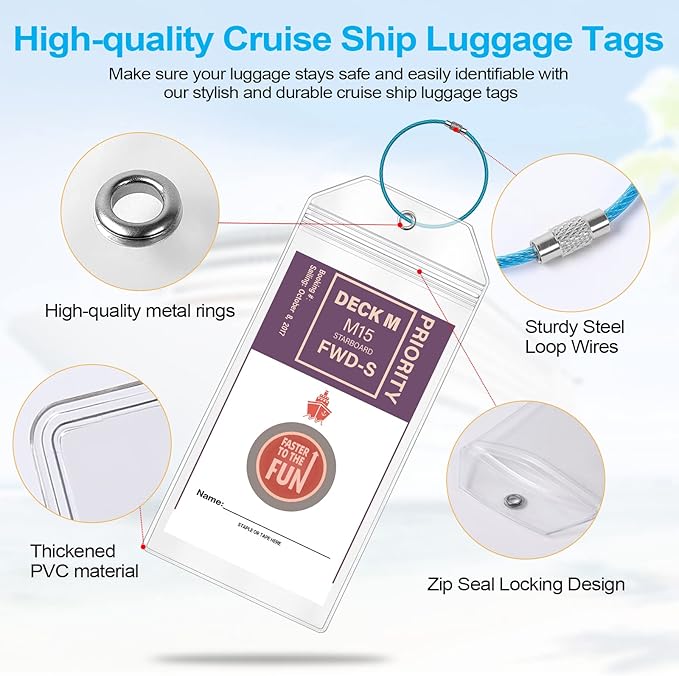 Cruise Luggage Tags for Carnival, MSC, Costa, NCL & Princess Cruise Ships, 6Pack Clear Tags Zip Seal Reusable Cruise Travel Essentials for 2026-2027