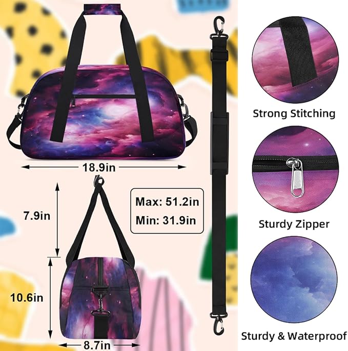 Pink Purple Nebula Print Sports Duffel Bags, Water-Resistant Gym Duffle Bag for Men Women, Lightweight Weekender Overnight Bag for Fitness, Workout, Travel