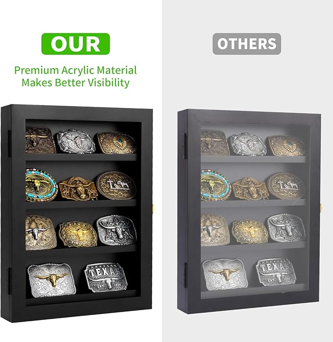 3" Belt Buckle Display Case 16×12 Black Shadow Box with Glass Door – Wall-Mounted Belt Buckle Holder & Display Frame for Collectibles – Home Décor Picture Frame (For belt buckles under 3" in height only)