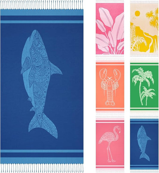 Genovega Oversized Cotton Turkish Beach Towels 72"x36" Lightweight Quick Dry Sandless Pool Swim Towel Large No Sand Compact Blanket Adult Travel Essentials Cruise Accessories Must Haves Blue Shark