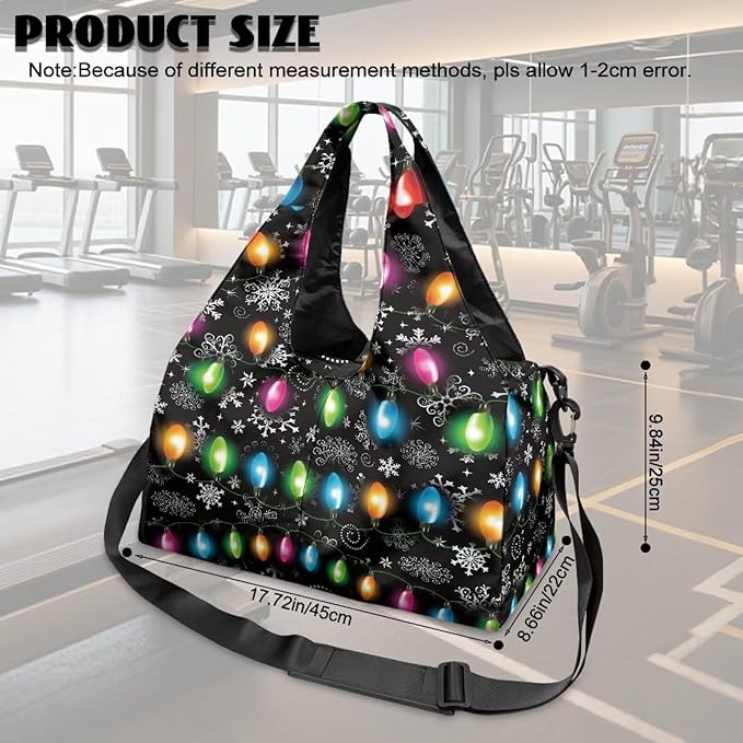 Christmas Colorful Lights Womens Gym Tote Duffle Bag with Shoe Compartment Lightweight Carry On Bag for Beach Swim Sports Overnight Weekender Hospital Bags Gifts for Christmas