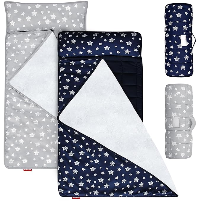 Toddler Nap Mat 2 Pack, Nap Mat for Toddlers Preschool, Daycare and Fleece Minky Blanket, Lightweight, Soft, Gray and Navy