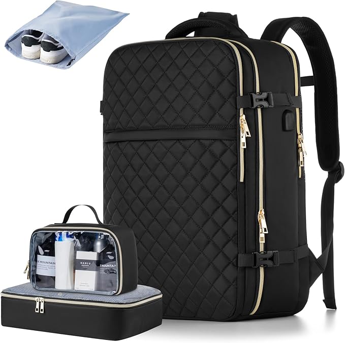 MOMUVO Large Travel Backpack Women, Flight Approved Carry On Backpack with 3 Packing Cubes, Water Resistant Anti-Theft Large Book Bag Fit 18.4 Inch Laptop with USB Charging Port, Black
