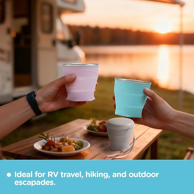 8.8oz/260ml Collapsible Silicone Cup with Lid,BPA-Free,304 Stainless Steel Rim,Portable Cup for Travel,Camping, Hiking,Outdoor Sports (Pink)