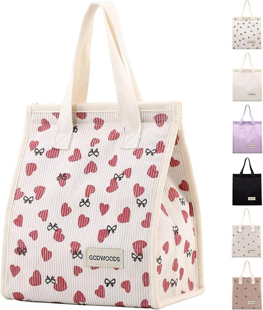 TELLUMO Corduroy Lunch Bag for Women Men Cute Lunch Bag Insulated Lunch Box with Large Capacity (7.5L) Reusable Lunchbag for Work, Picnic, Beach or Travel (S- Corduroy Love)