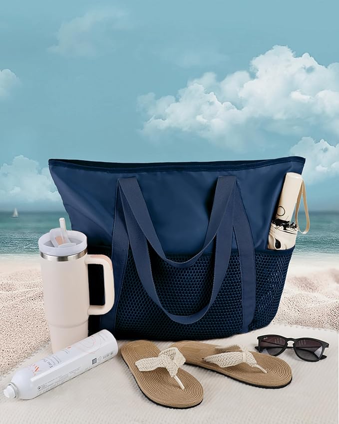 HOMESPON Beach Bag Large Waterproof Sandproof Foldable Tote for Women with Zipper Mesh Pockets for Pool Swim Travel Everyday