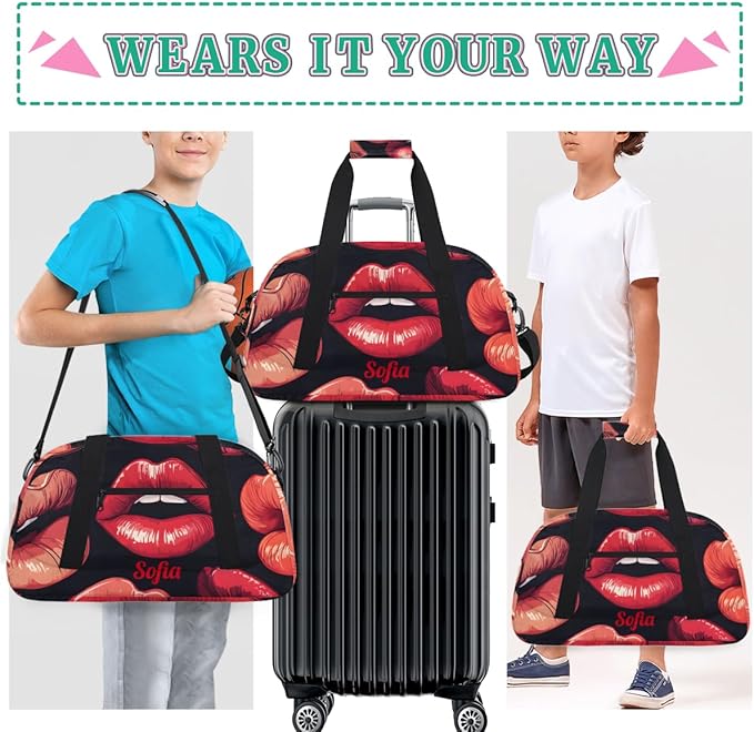 Custom Name Sexy Red Lips Girl Gym Travel Duffle Bag with Front Zipper Pocket Personalizedfor Sports Bag for Overnight, Weekender, Carry On,Workout & Dance, 18.9 * 8.7 * 10.6 in