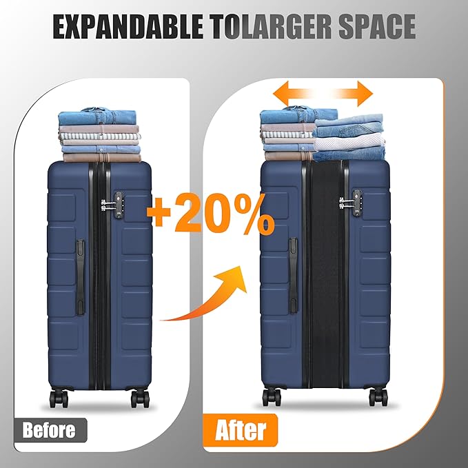 3-Piece Hardshell Luggage Set, Lightweight Expandable Suitcase with TSA Lock and Double Spinner Wheels, 20% Expansion for Extra Packing, Carry-On and Checked Bags, Navy Blue