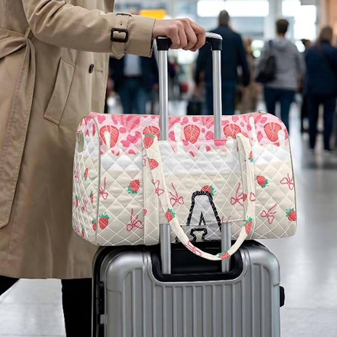 COEQINE Pink Quilted Gym Bag for Women Pink Strawberry Floral Bow Initial Name A-Z Personal Item Travel Bag Travel Duffel Bags for Men Women, Large Packable Backpack