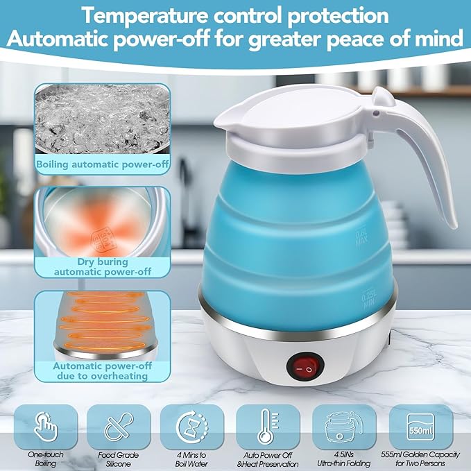 Travel Kettle Electric Small Foldable Portable Kettle,Silicone Collapsible Heating Water Boiler Tea Pot for Camping,Easy for Storage with Separable Power Cord (Blue pro)