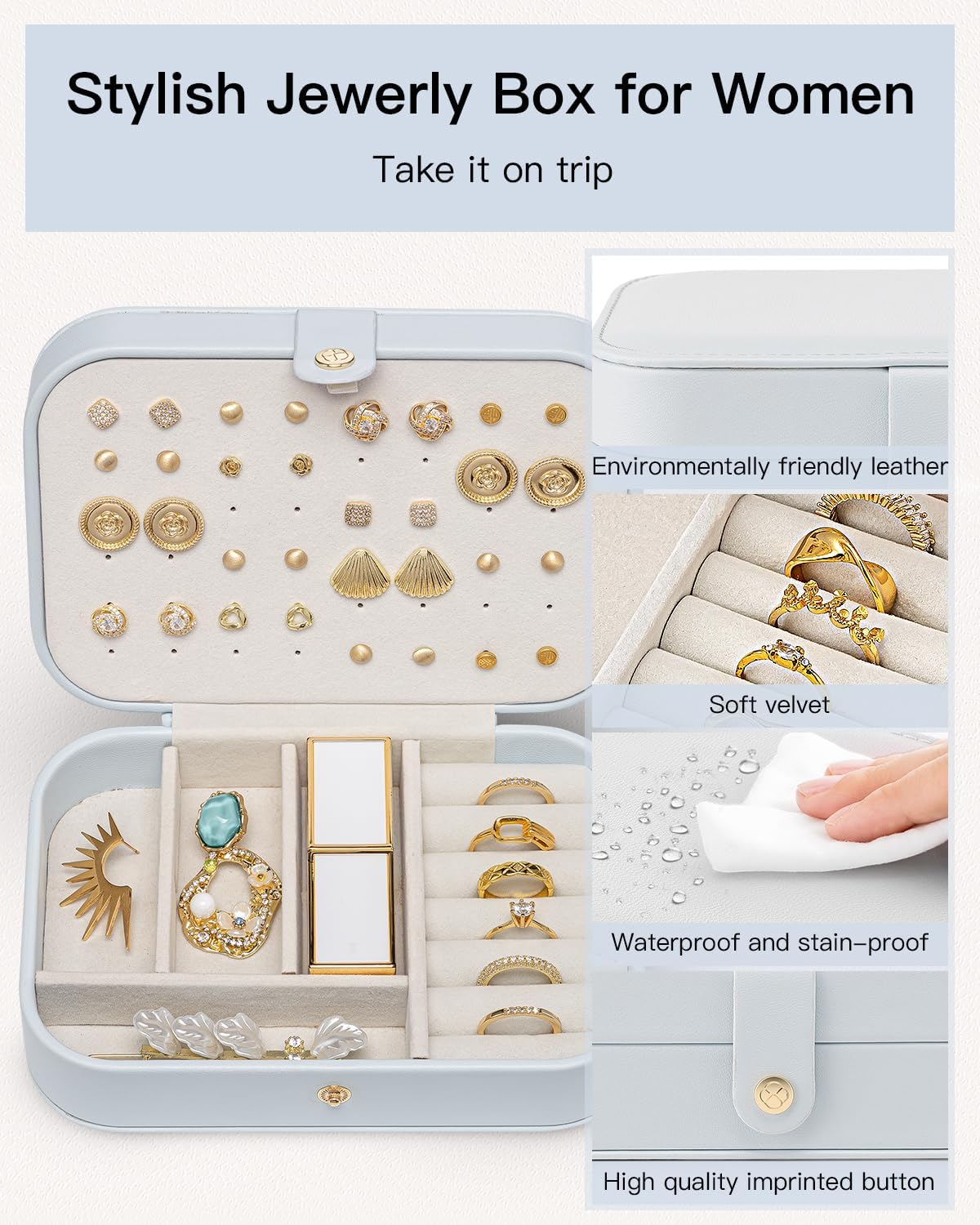 Vlando Travel Jewelry Case, PU Leather Travel Jewelry Box with Earring Holder, Portable Display Mini Jewelry Case for Mothers Day Women Girls Gift - Blue