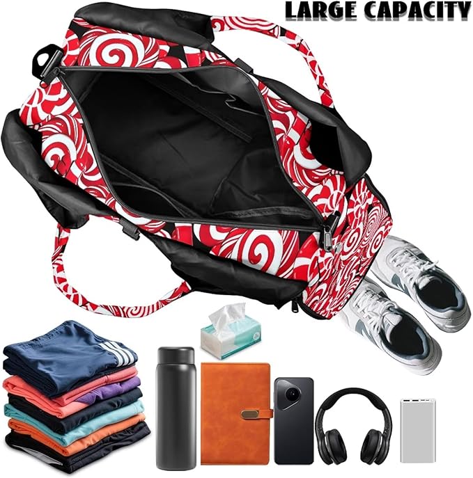 Christmas Candy Cane Gym Bag for Women with Shoe Compartment Personal Item Bags Fitness Workout Overnight Weekender Duffle Bag for Travel Carry On Christmas Outfits Gifts Decor