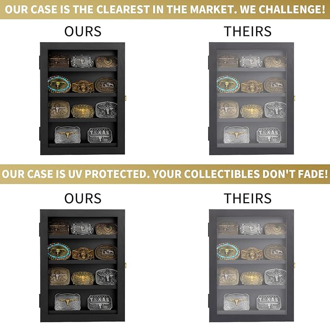 3" Belt Buckle Display Case 16×12 Black Shadow Box with Glass Door – Wall-Mounted Belt Buckle Holder & Display Frame for Collectibles – Home Décor Picture Frame (For belt buckles under 3" in height only)