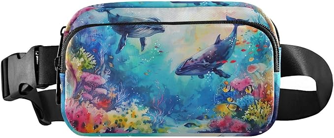 Watercolor Ocean Sea Whales Coral Fanny Pack for Women Men Water Resistant Fashion Waist Packs with Adjustable Strap Belt Bag for Travel Workout Jogging Hiking 21220600