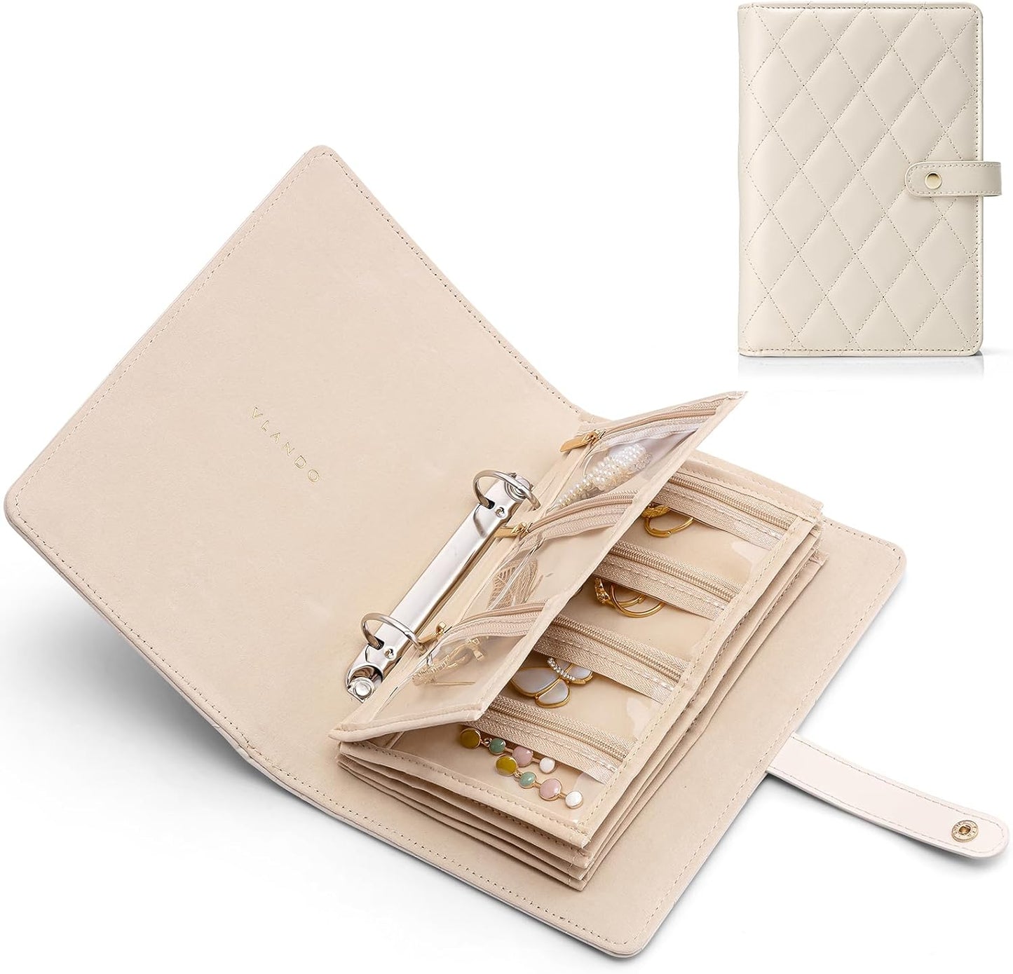 Vlando Teacher Gifts for Women,Travel Jewelry Organizer Case,Jewelry Storage Book Ring Binder with Clear Zipper Velvet Jewelry Pouches Bags for Rings,Necklace,Earrings-Cream White