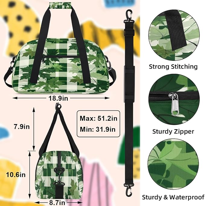 Sports Duffel Bags, Green Checkered Maple Leaves Water-Resistant Gym Duffle Bag for Men Women, Lightweight Weekender Overnight Bag for Fitness, Workout, Travel